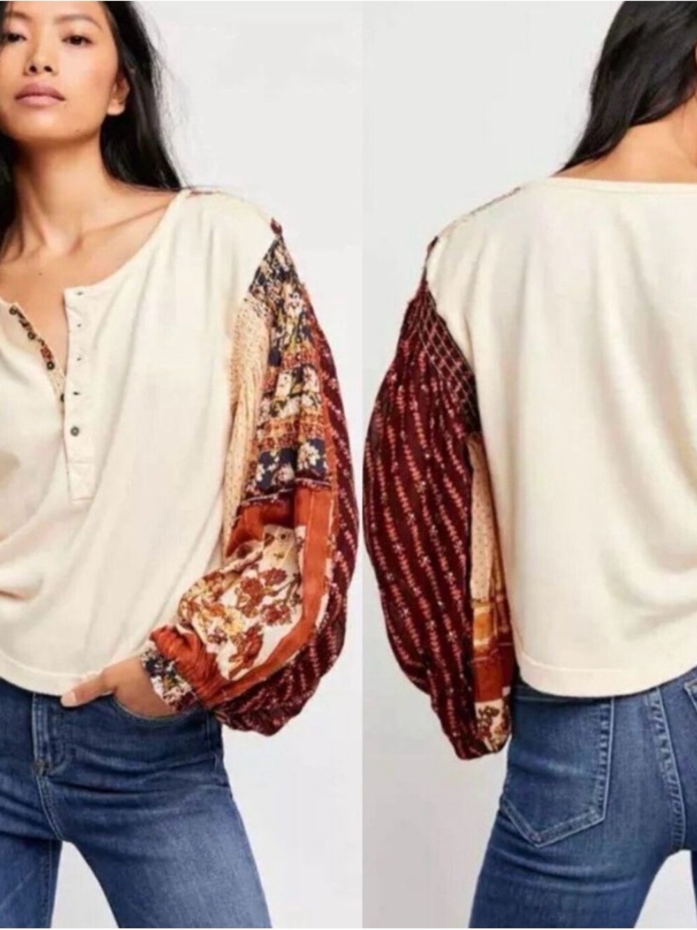 Free People Cream Henley with Rust Patchwork Balloon Sleeves